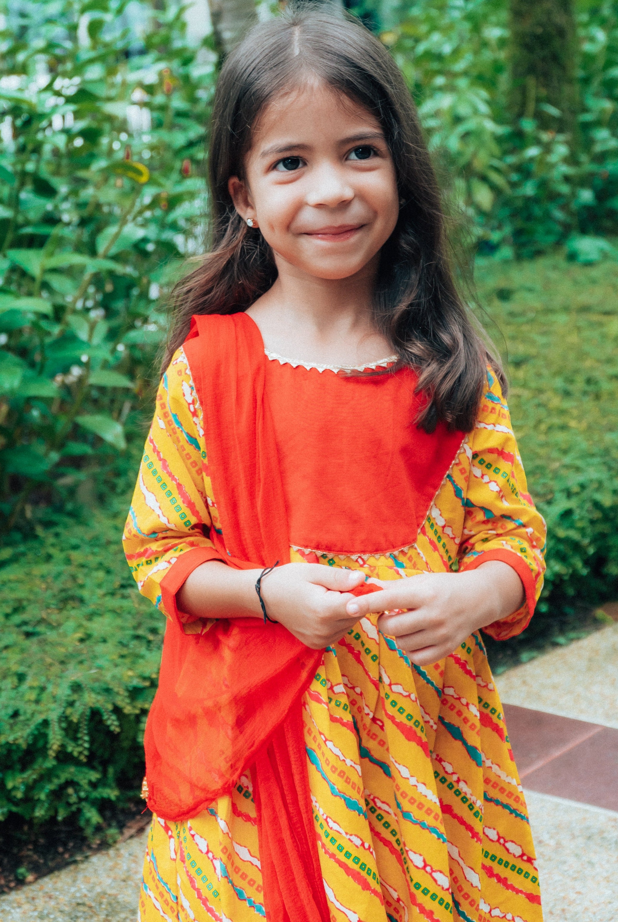 Jodhpuri Leheriya Kurti with Dhoti Pants in Yellow & Red - Nimbu Kids