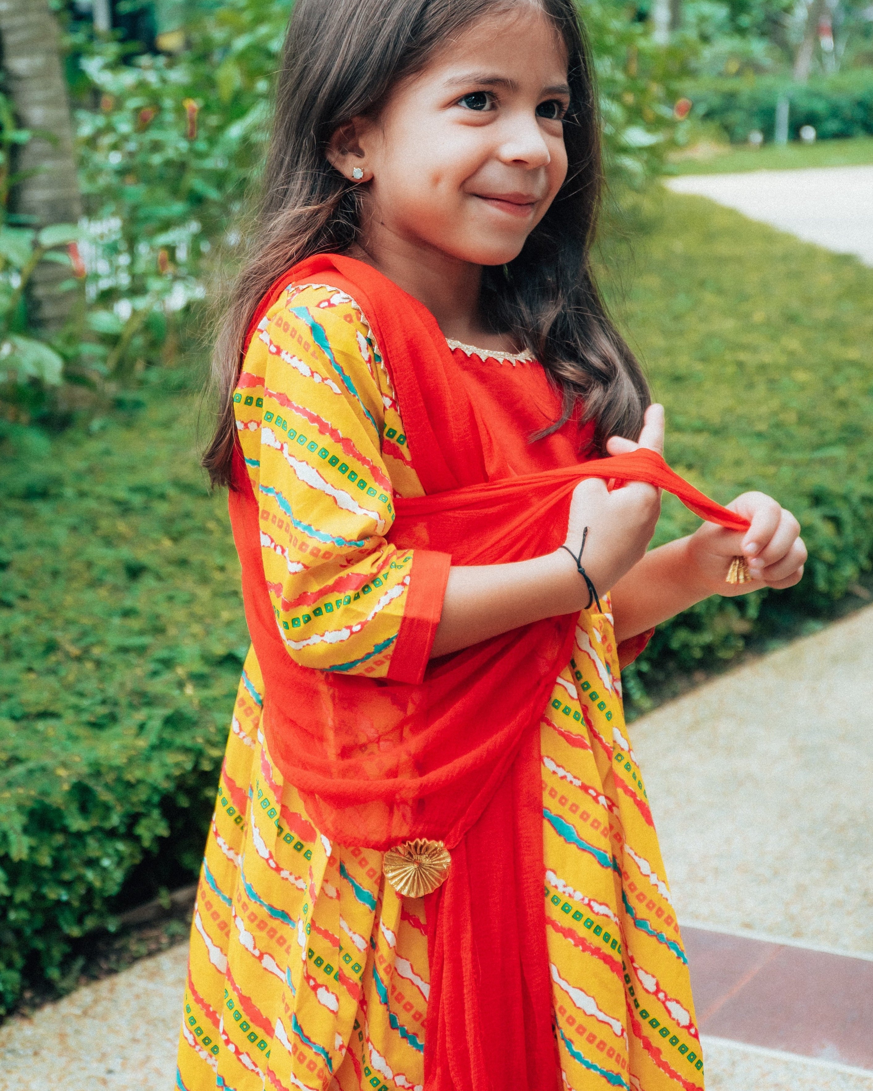 Jodhpuri Leheriya Kurti with Dhoti Pants in Yellow & Red - Nimbu Kids