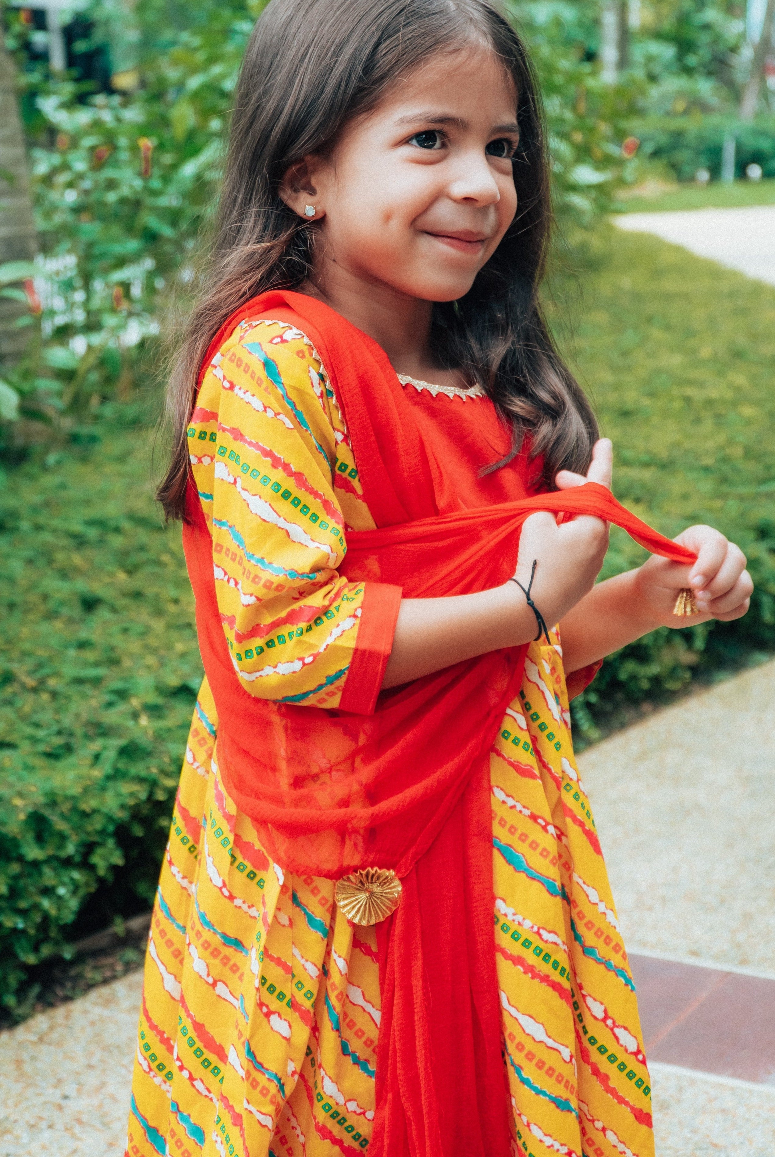 Jodhpuri Leheriya Kurti with Dhoti Pants in Yellow & Red - Nimbu Kids