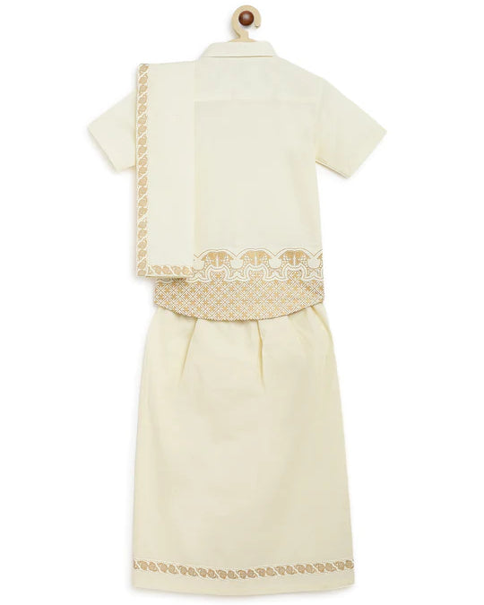 Rajnikant 3pc Cotton Mundu Set in Cream - Nimbu Kids
