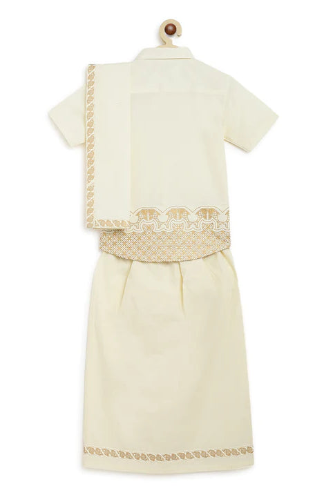 Rajnikant 3pc Cotton Mundu Set in Cream - Nimbu Kids