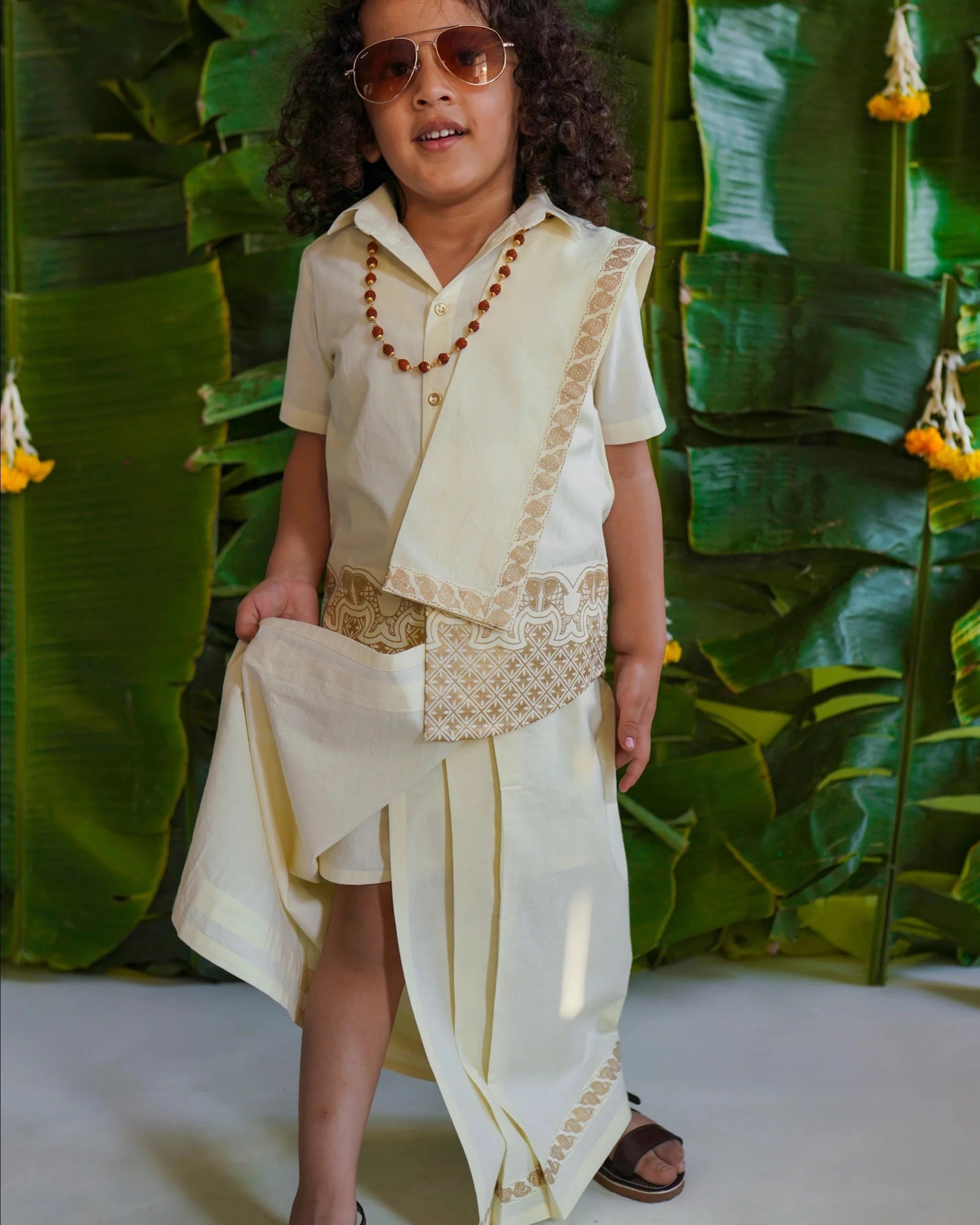 Rajnikant 3pc Cotton Mundu Set in Cream - Nimbu Kids