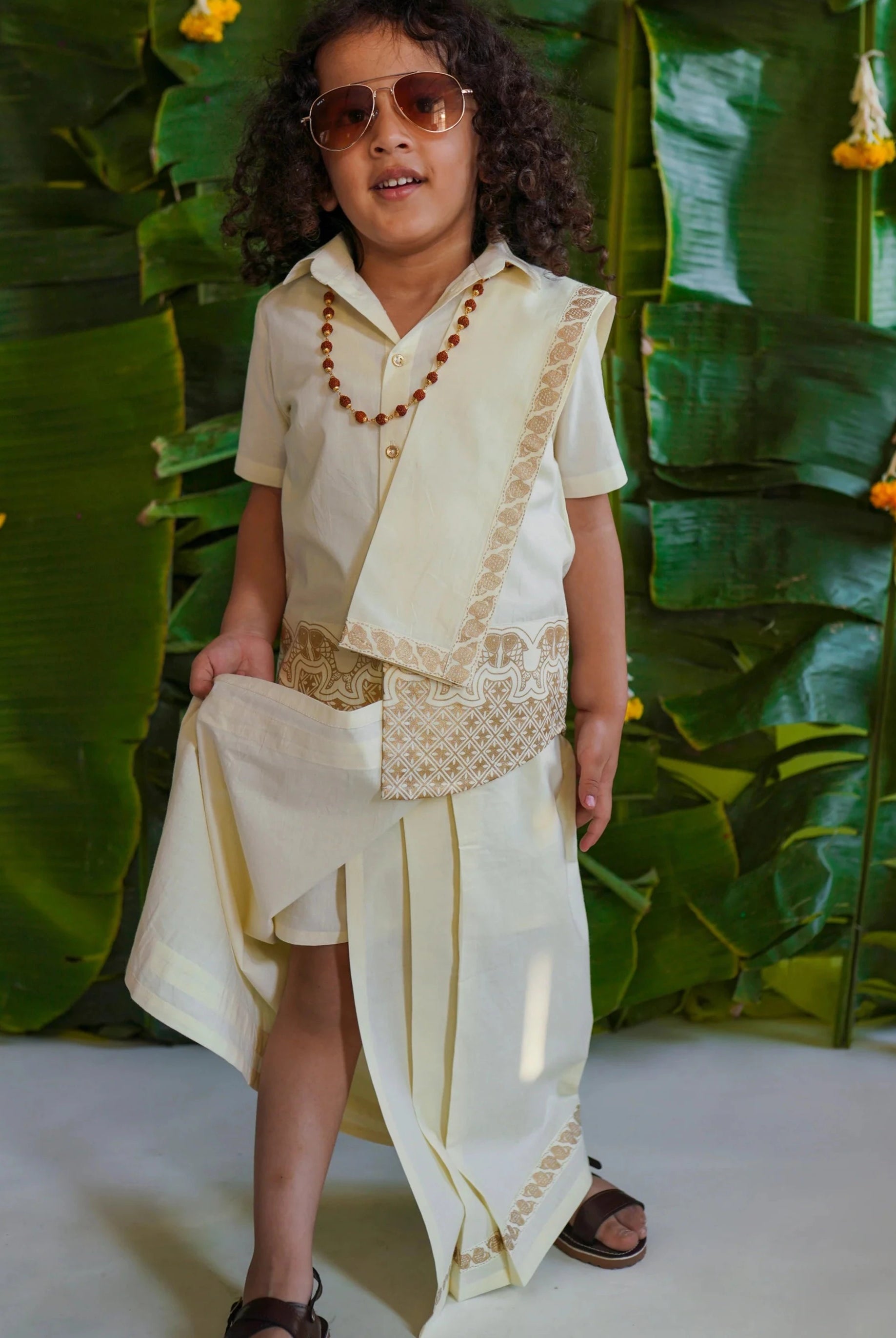 Rajnikant 3pc Cotton Mundu Set in Cream - Nimbu Kids