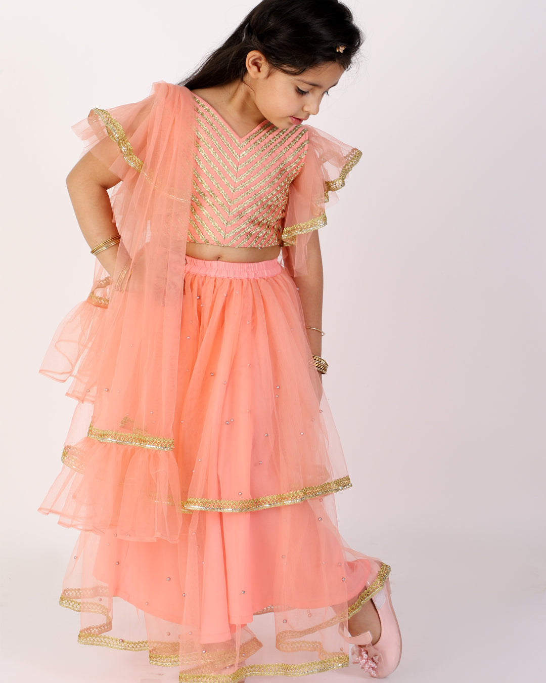 Anna Coral Pink Net Lehenga Choli - Nimbu Kids