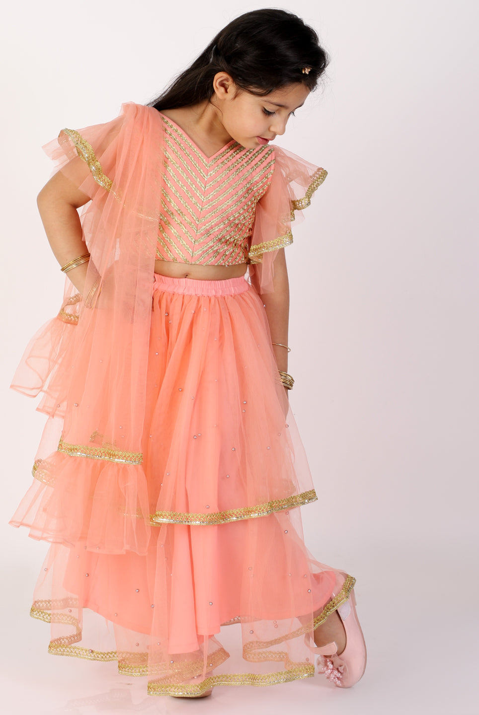 Anna Coral Pink Net Lehenga Choli - Nimbu Kids