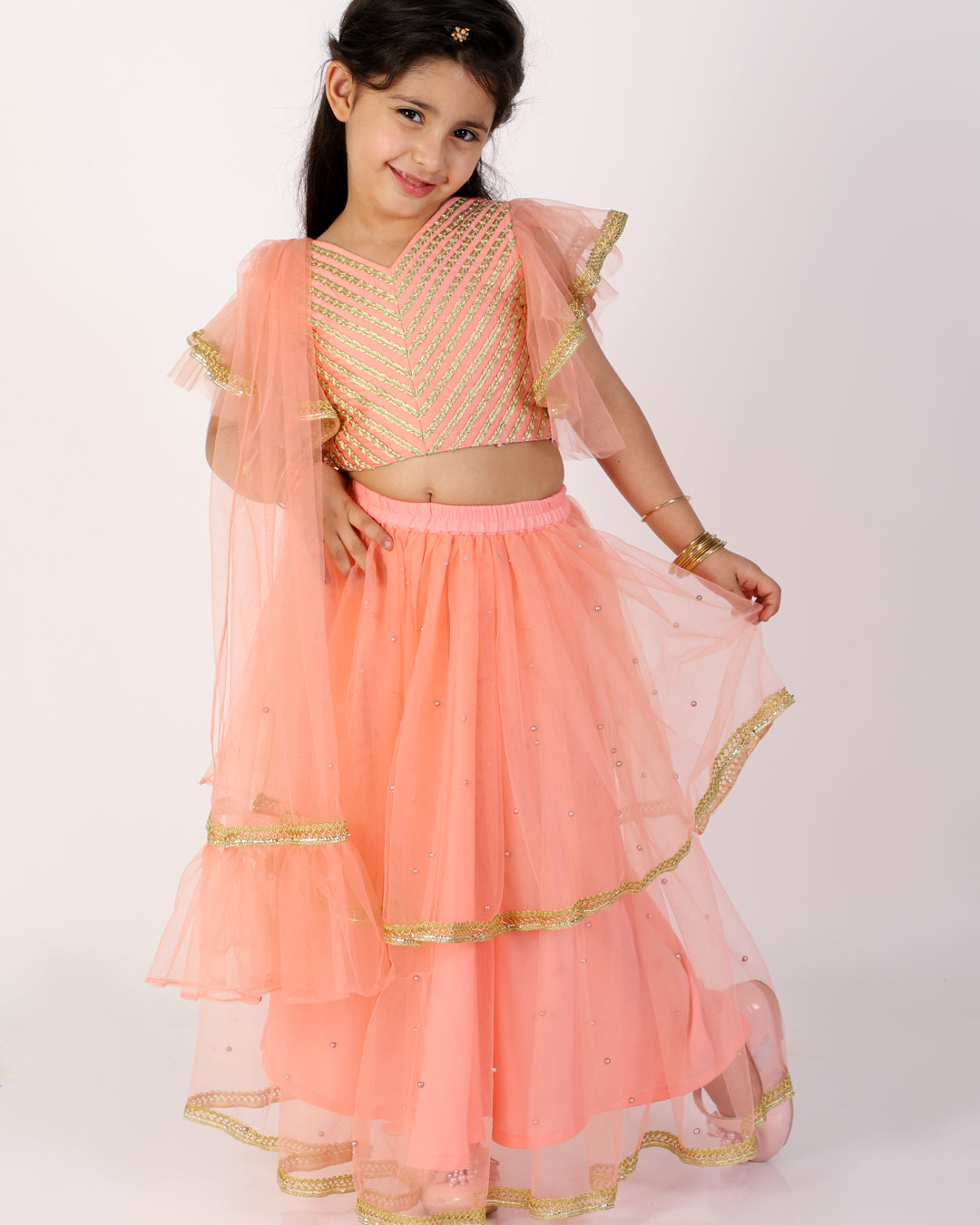 Anna Coral Pink Net Lehenga Choli - Nimbu Kids