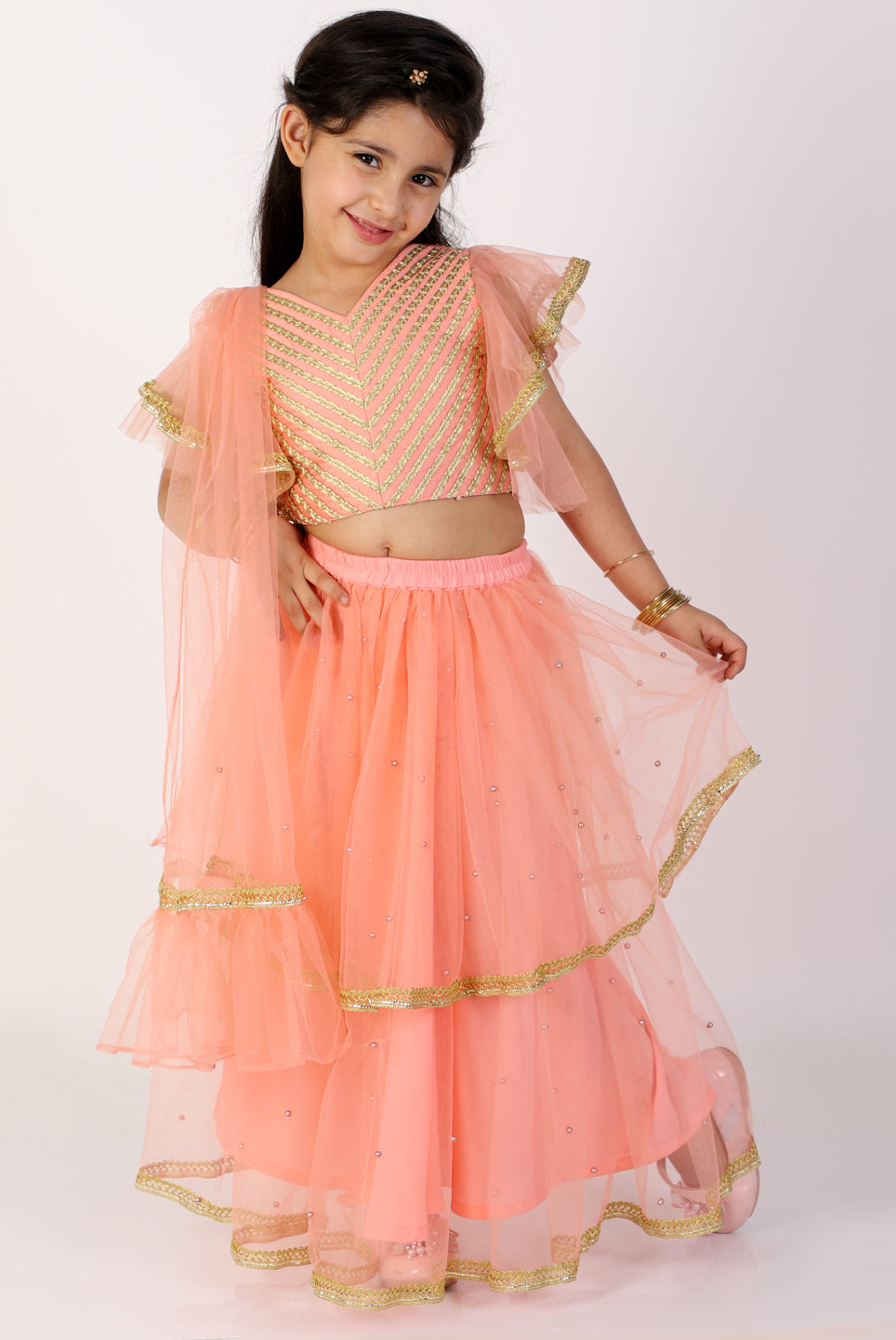 Anna Coral Pink Net Lehenga Choli - Nimbu Kids
