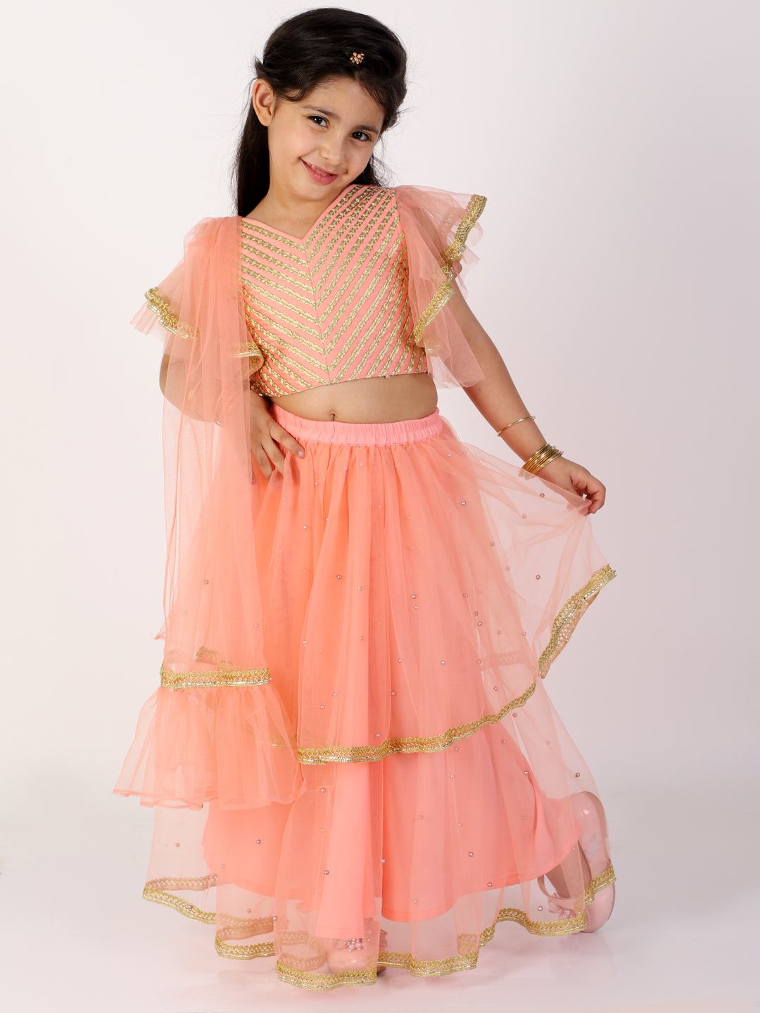 Anna Coral Pink Net Lehenga Choli - Nimbu Kids