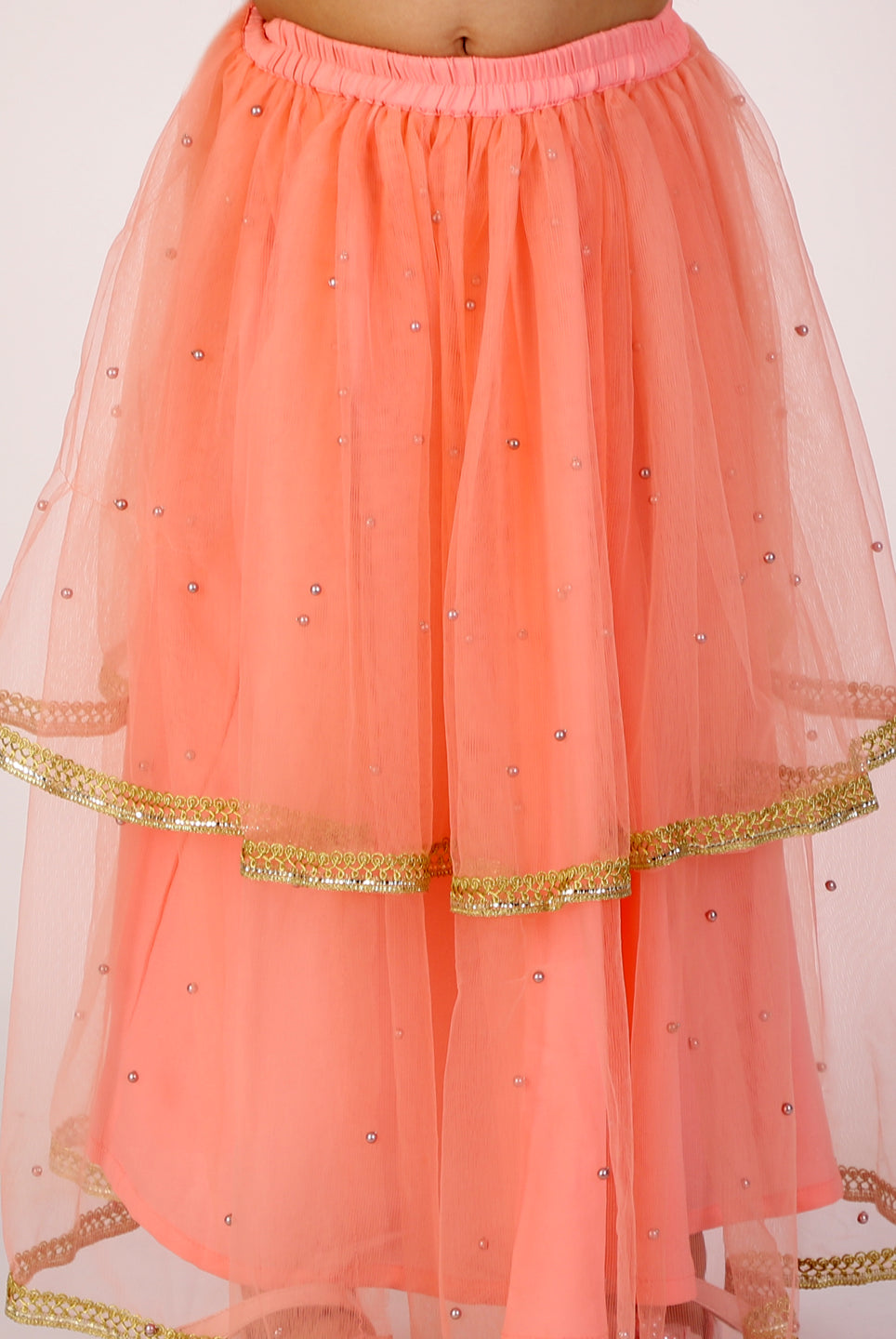 Anna Coral Pink Net Lehenga Choli - Nimbu Kids