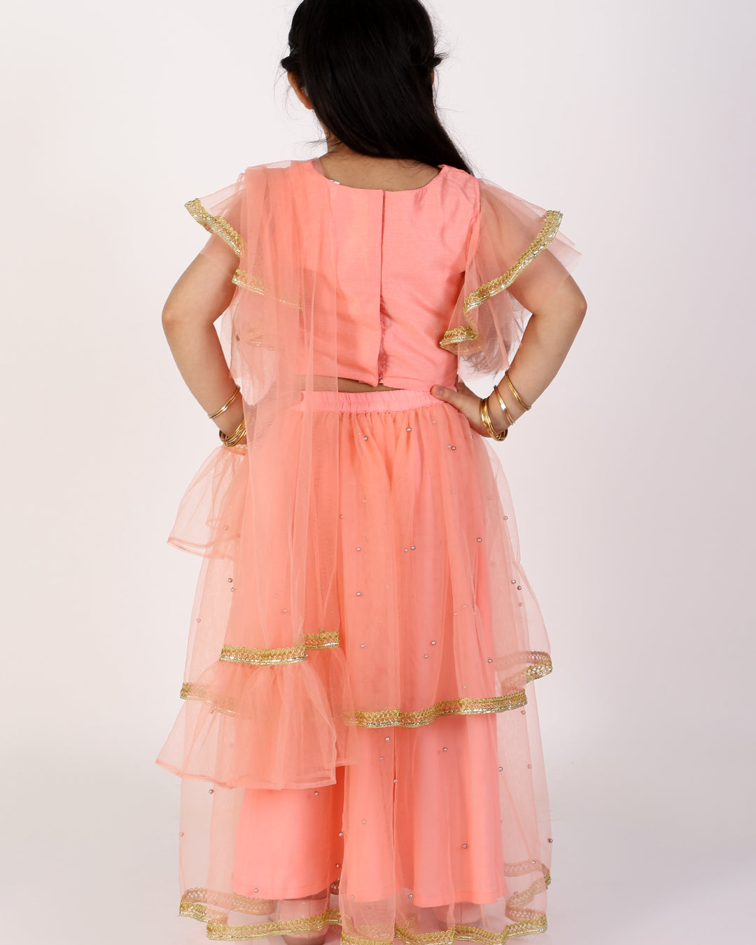 Anna Coral Pink Net Lehenga Choli - Nimbu Kids