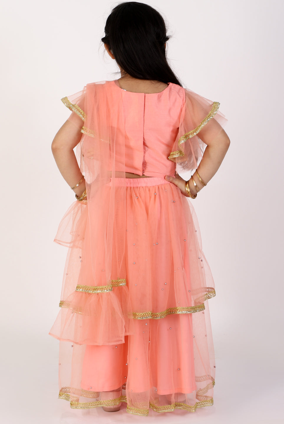 Anna Coral Pink Net Lehenga Choli - Nimbu Kids