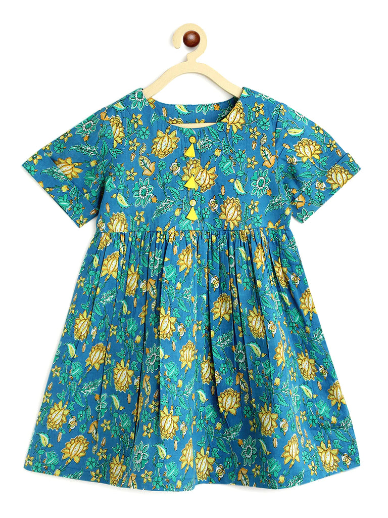 Flowy Frock Dress in Vine Print in Blue & Yellow - Nimbu Kids