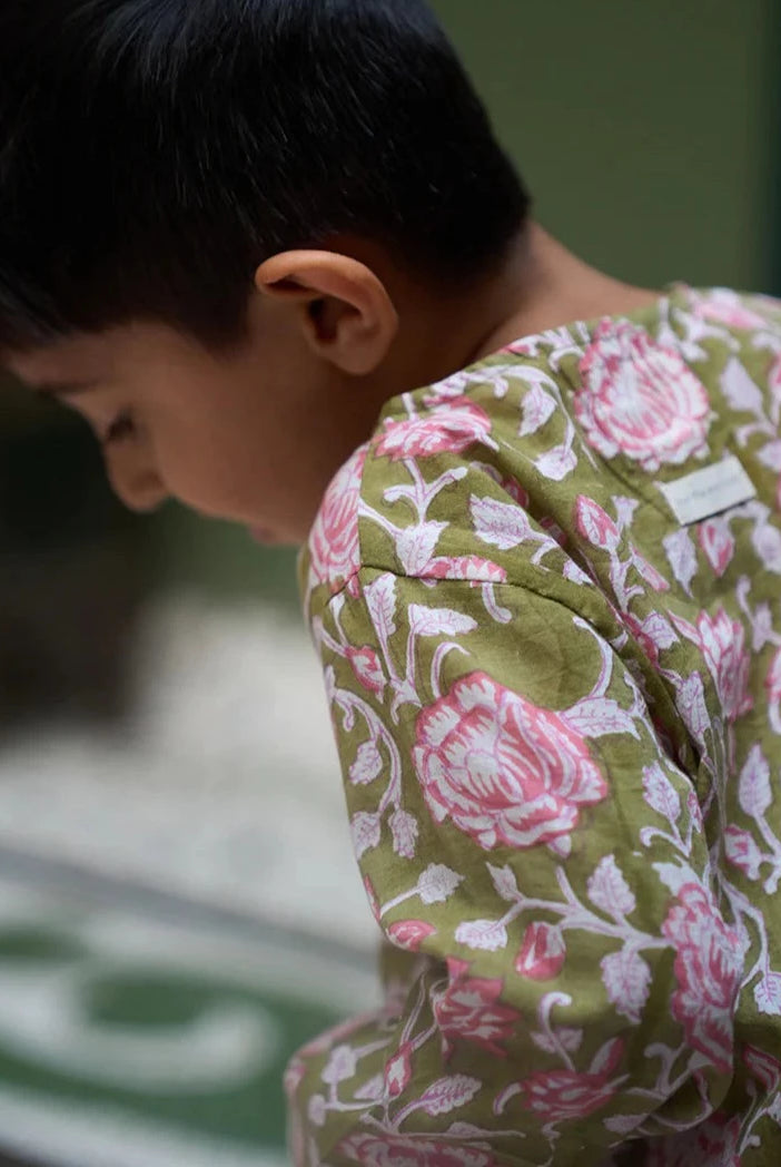 Pre-order - ‘Sleepover Party’ Unisex Kurta in Green Floral Hand block print Cotton Malmal - Nimbu Kids