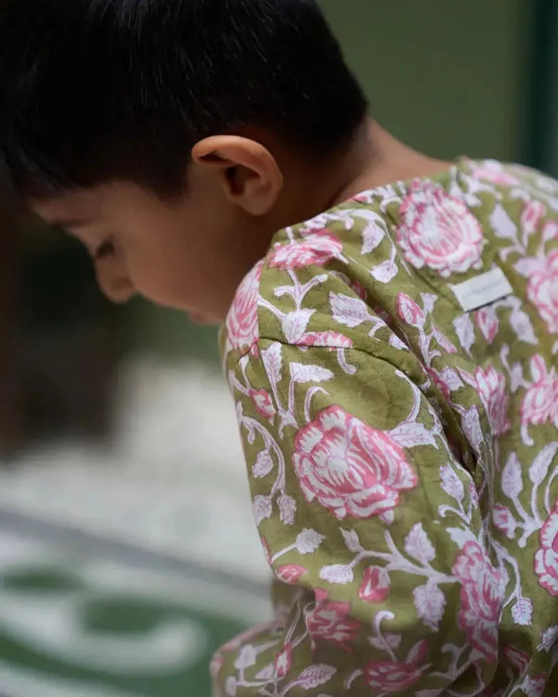 Pre-order - ‘Sleepover Party’ Unisex Kurta in Green Floral Hand block print Cotton Malmal - Nimbu Kids