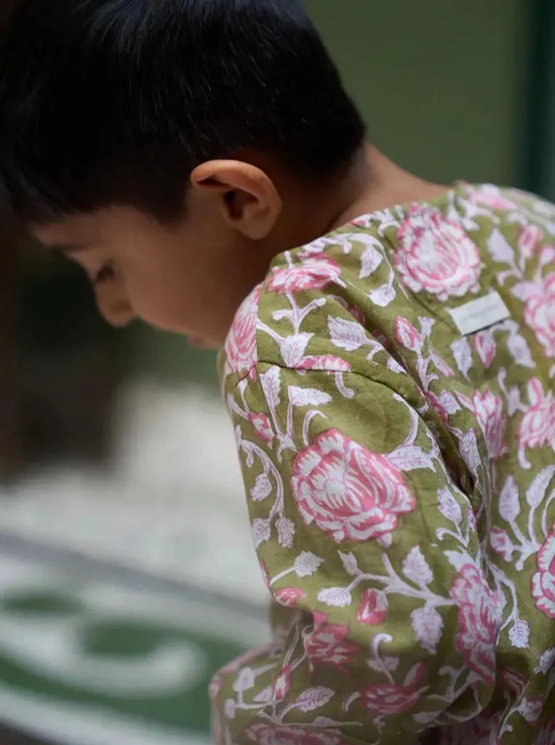 Pre-order - ‘Sleepover Party’ Unisex Kurta in Green Floral Hand block print Cotton Malmal - Nimbu Kids
