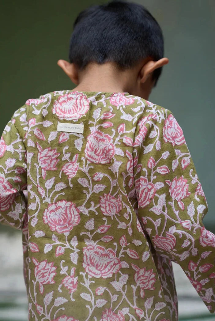 Pre-order - ‘Sleepover Party’ Unisex Kurta in Green Floral Hand block print Cotton Malmal - Nimbu Kids