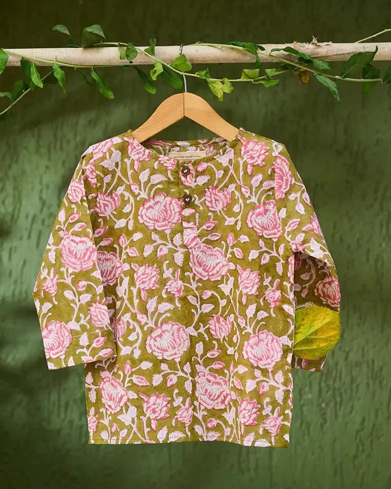 Pre-order - ‘Sleepover Party’ Unisex Kurta in Green Floral Hand block print Cotton Malmal - Nimbu Kids