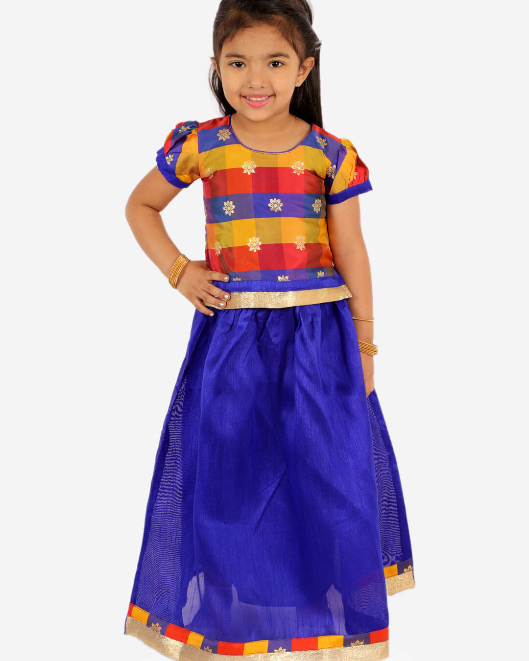 Gold Weave Jacquard Pattu Style Lehenga in Royal Blue - Nimbu Kids