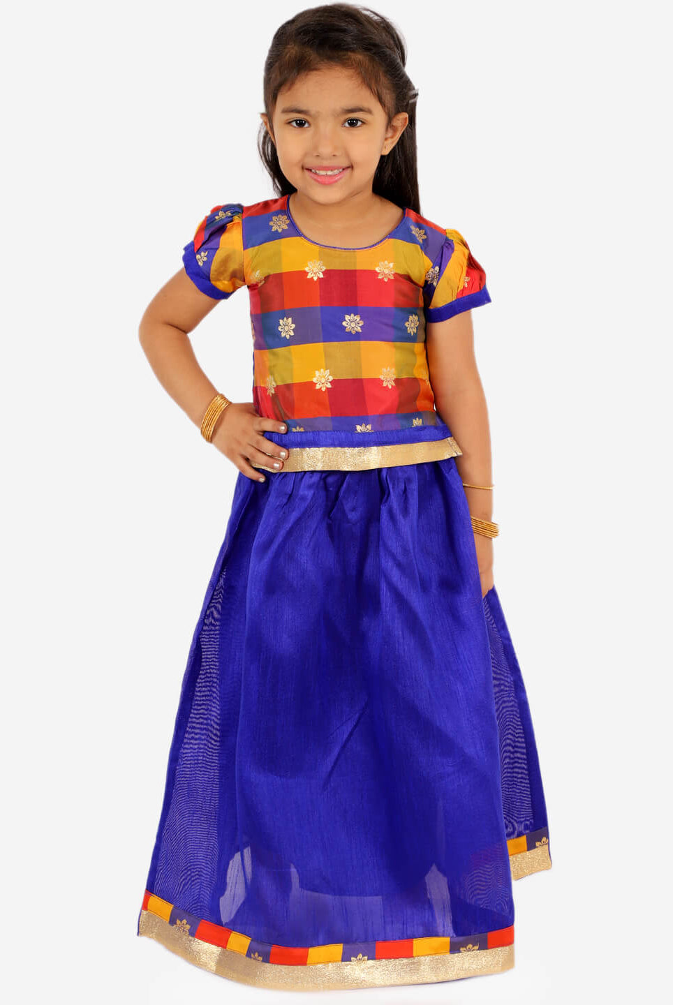 Gold Weave Jacquard Pattu Style Lehenga in Royal Blue - Nimbu Kids