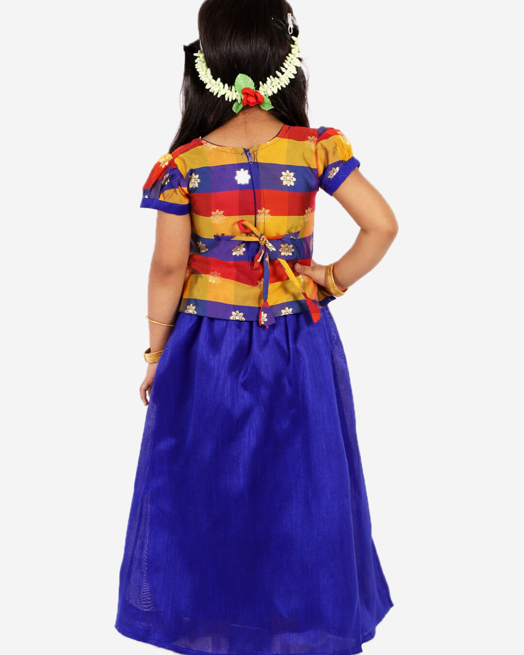 Gold Weave Jacquard Pattu Style Lehenga in Royal Blue - Nimbu Kids