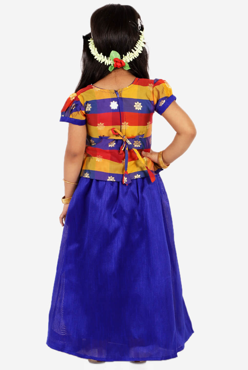 Gold Weave Jacquard Pattu Style Lehenga in Royal Blue - Nimbu Kids