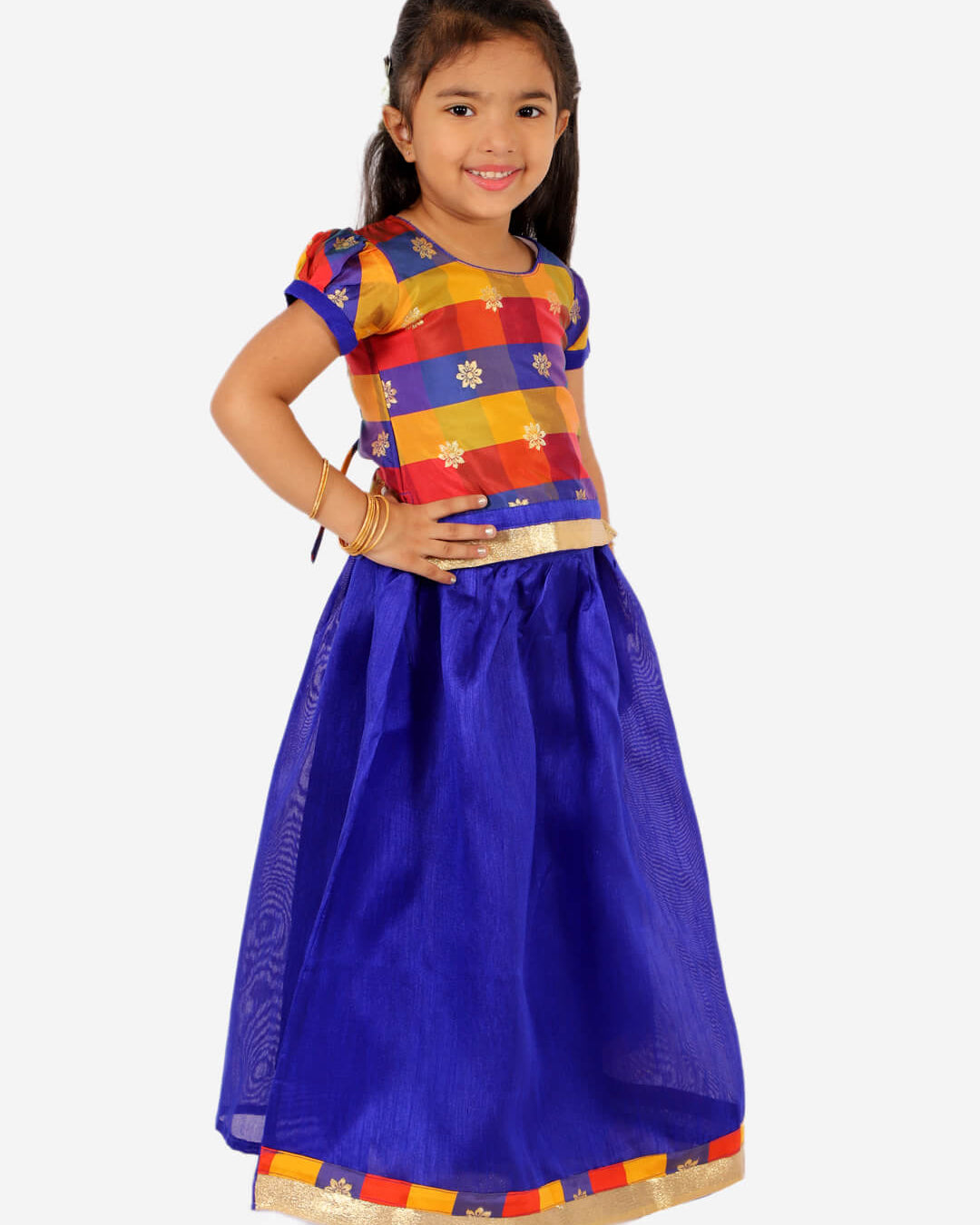 Gold Weave Jacquard Pattu Style Lehenga in Royal Blue - Nimbu Kids