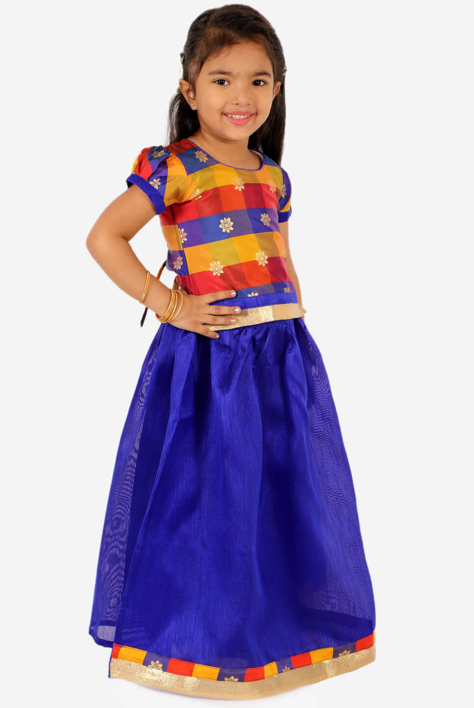 Gold Weave Jacquard Pattu Style Lehenga in Royal Blue - Nimbu Kids