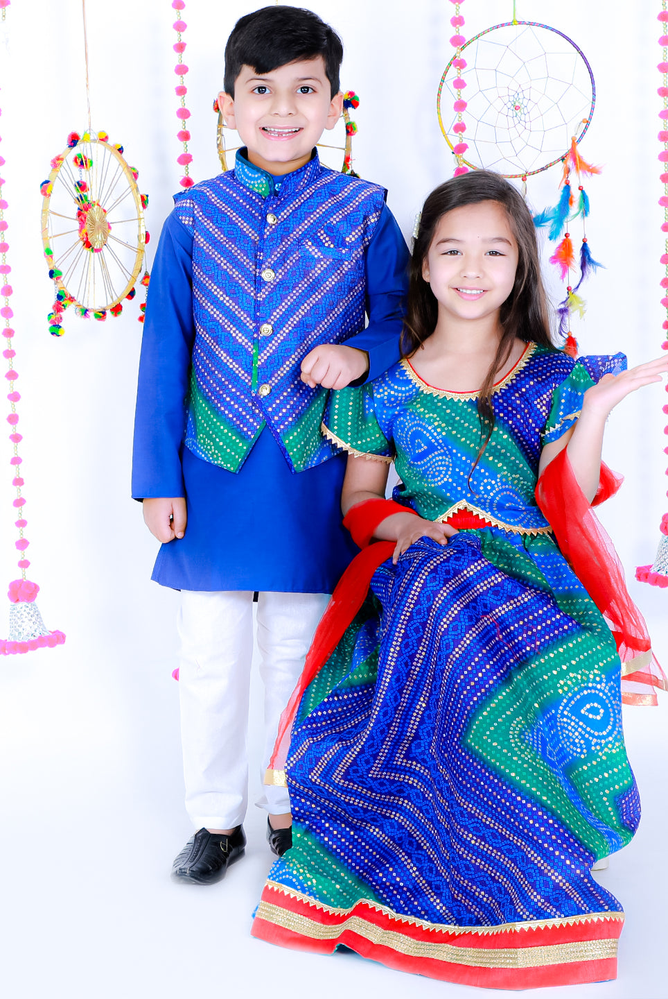 Neelam Silk Kurta Pajama with Bandhani Jacket - Nimbu Kids