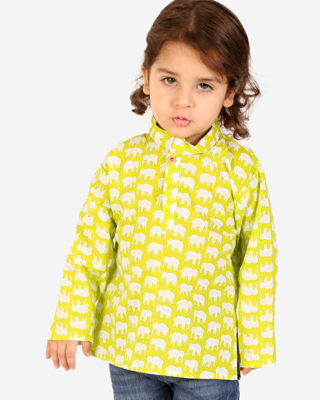 Elephant print Kurta in Lime Green - Nimbu Kids