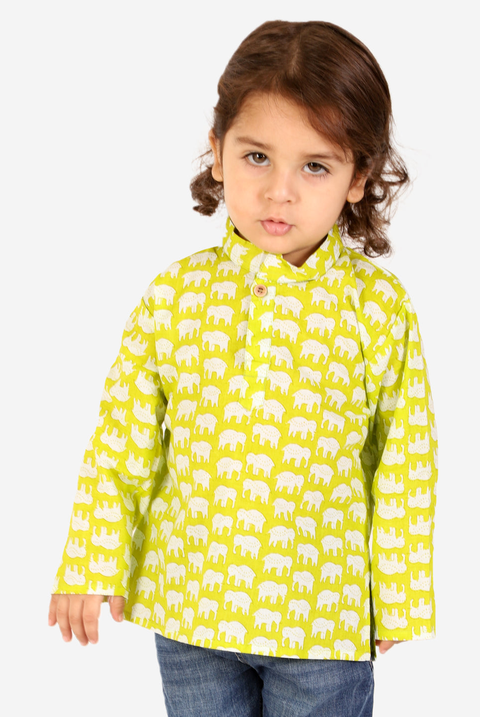 Elephant print Kurta in Lime Green - Nimbu Kids