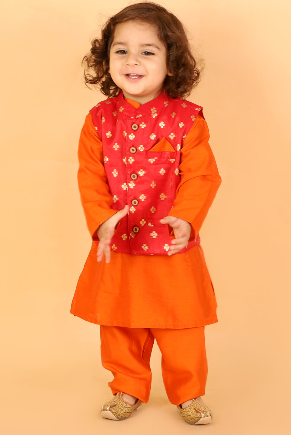 Dev Silk Kurta Pajama with Golden Zari Jacket - Nimbu Kids