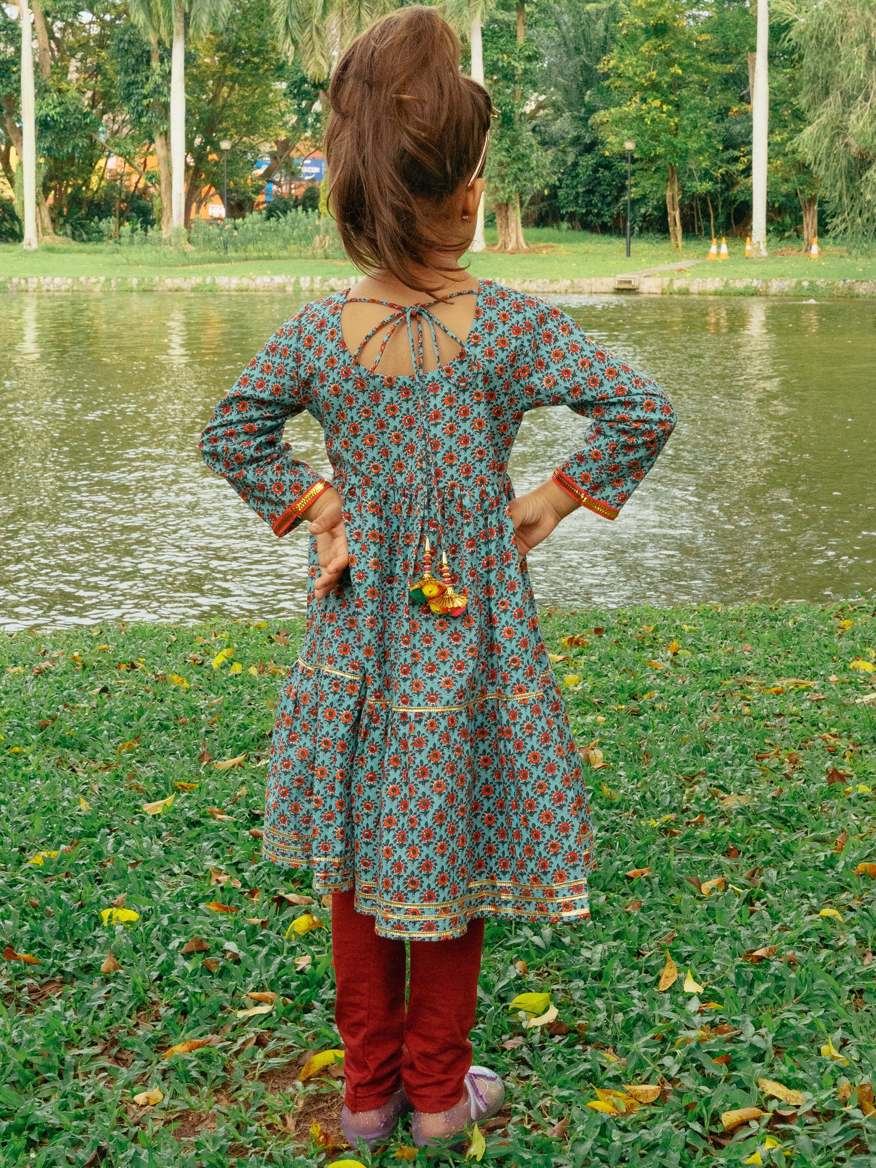 Girl-boss Blue Maroon Anarkali with Contrasting comfy leggings - Nimbu Kids