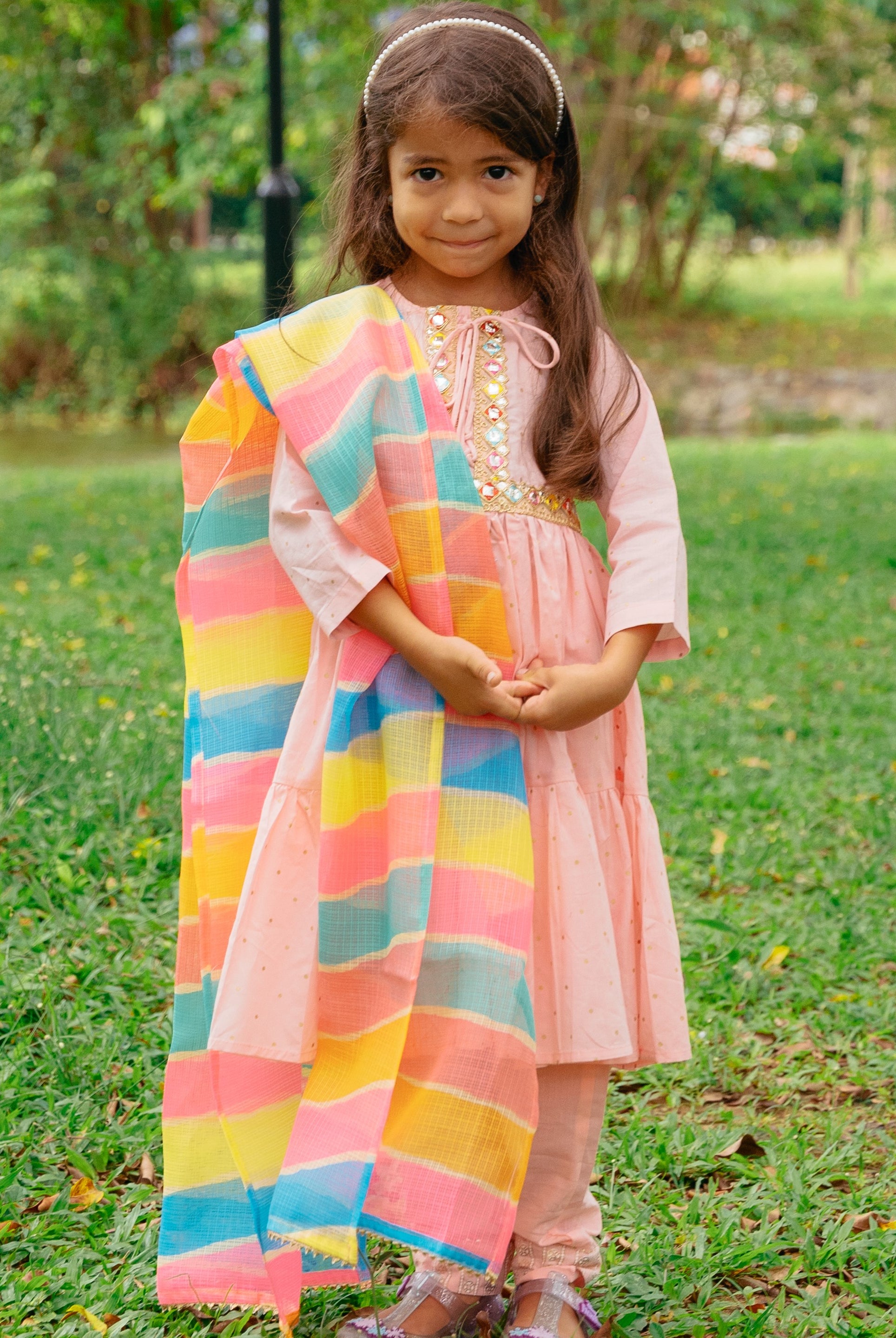 Princess Pink Anarkali with Matching Salwar & Rainbow Dupatta - Nimbu Kids