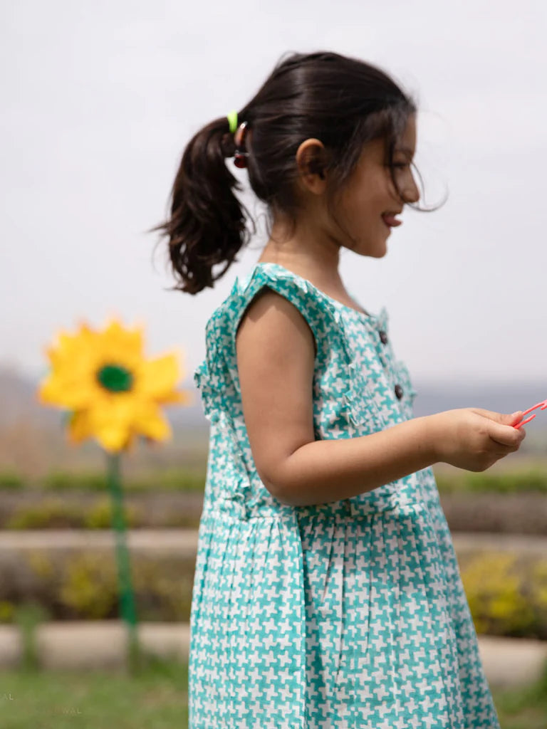 Turquoise Maze Sleeveless Frilled Dress - Nimbu Kids