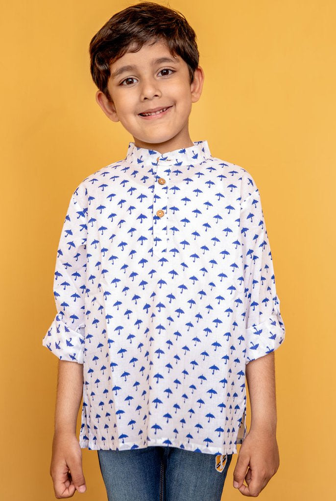 Blue Umbrella Organic Cotton Shirt Kurta with Roll-up Sleeves - Nimbu Kids