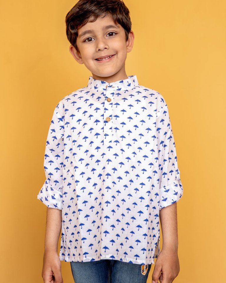 Blue Umbrella Organic Cotton Shirt Kurta with Roll-up Sleeves - Nimbu Kids
