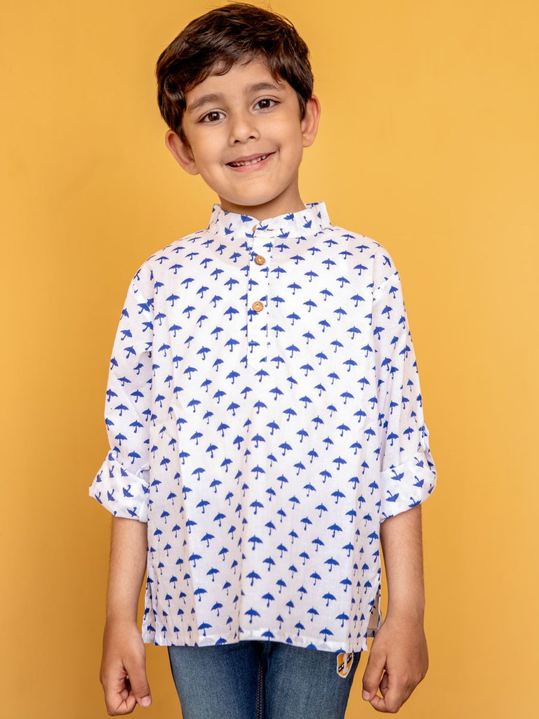 Blue Umbrella Organic Cotton Shirt Kurta with Roll-up Sleeves - Nimbu Kids