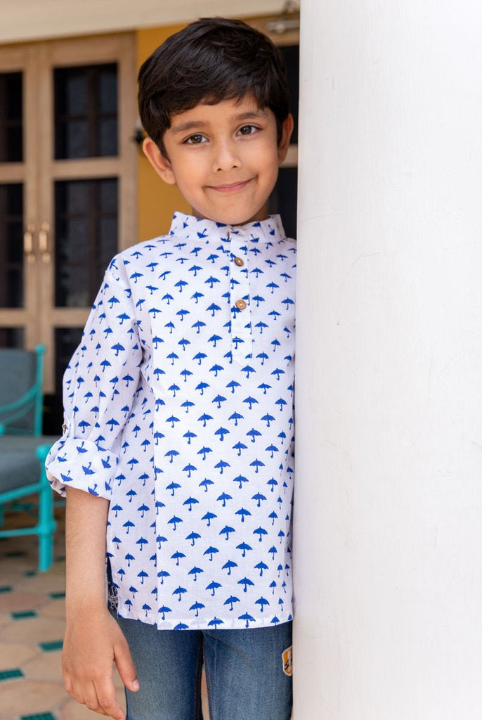 Blue Umbrella Organic Cotton Shirt Kurta with Roll-up Sleeves - Nimbu Kids