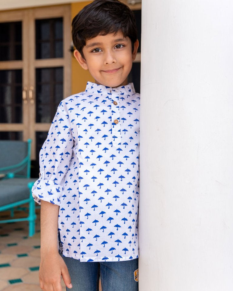 Blue Umbrella Organic Cotton Shirt Kurta with Roll-up Sleeves - Nimbu Kids