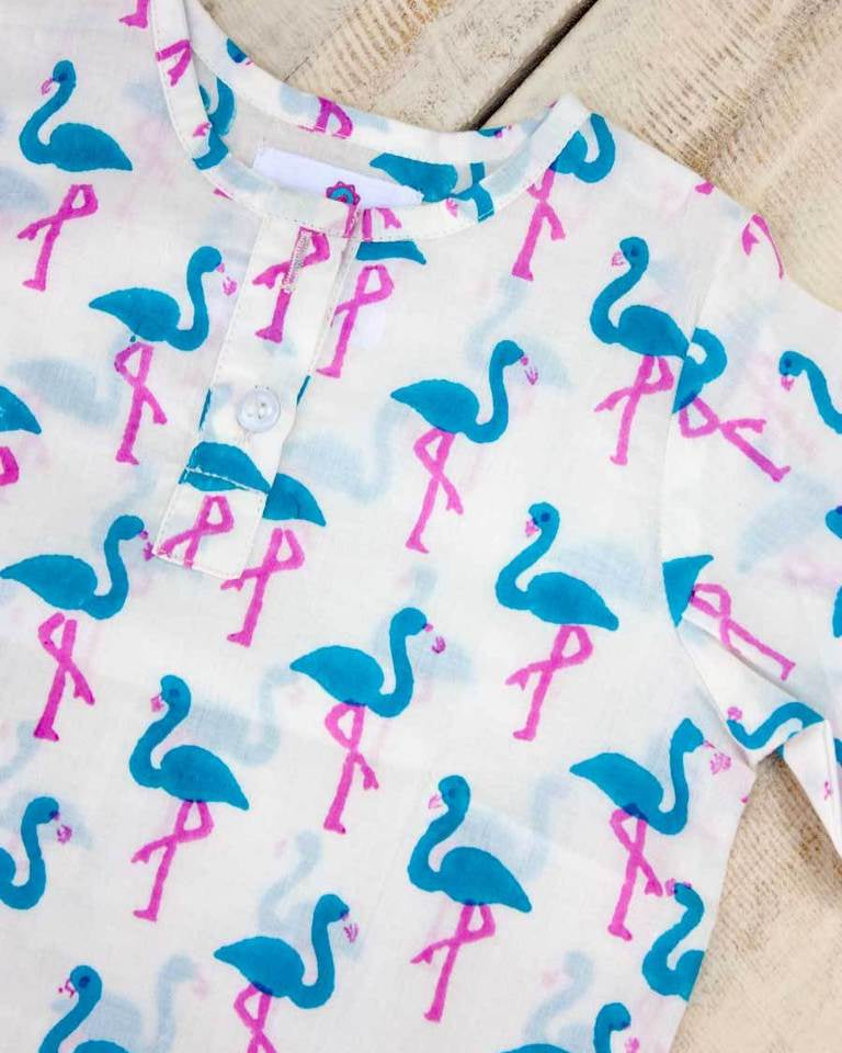 Blue & Pink Flamingo Organic Cotton Shirt Kurta - Nimbu Kids
