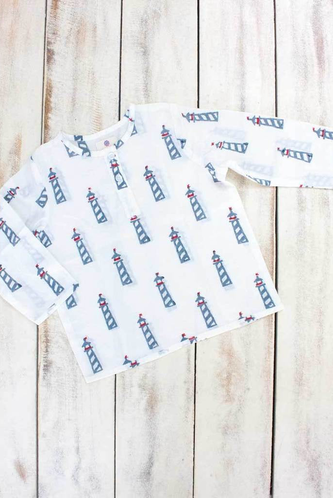 Lighthouse Organic Cotton Shirt Kurta with Roll-up Sleeves - Nimbu Kids