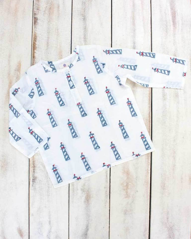 Lighthouse Organic Cotton Shirt Kurta with Roll-up Sleeves - Nimbu Kids