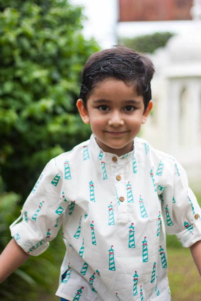 Lighthouse Organic Cotton Shirt Kurta with Roll-up Sleeves - Nimbu Kids