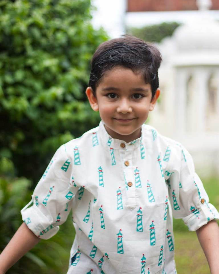 Lighthouse Organic Cotton Shirt Kurta with Roll-up Sleeves - Nimbu Kids