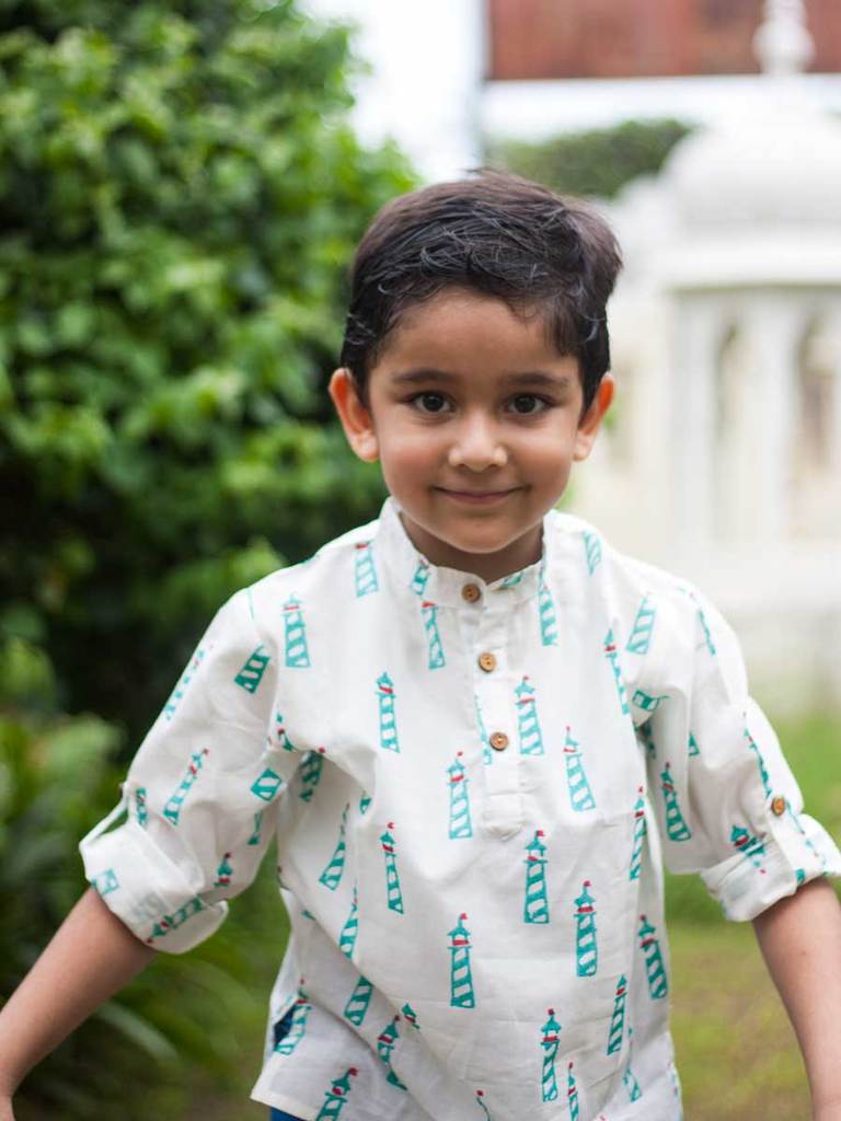 Lighthouse Organic Cotton Shirt Kurta with Roll-up Sleeves - Nimbu Kids