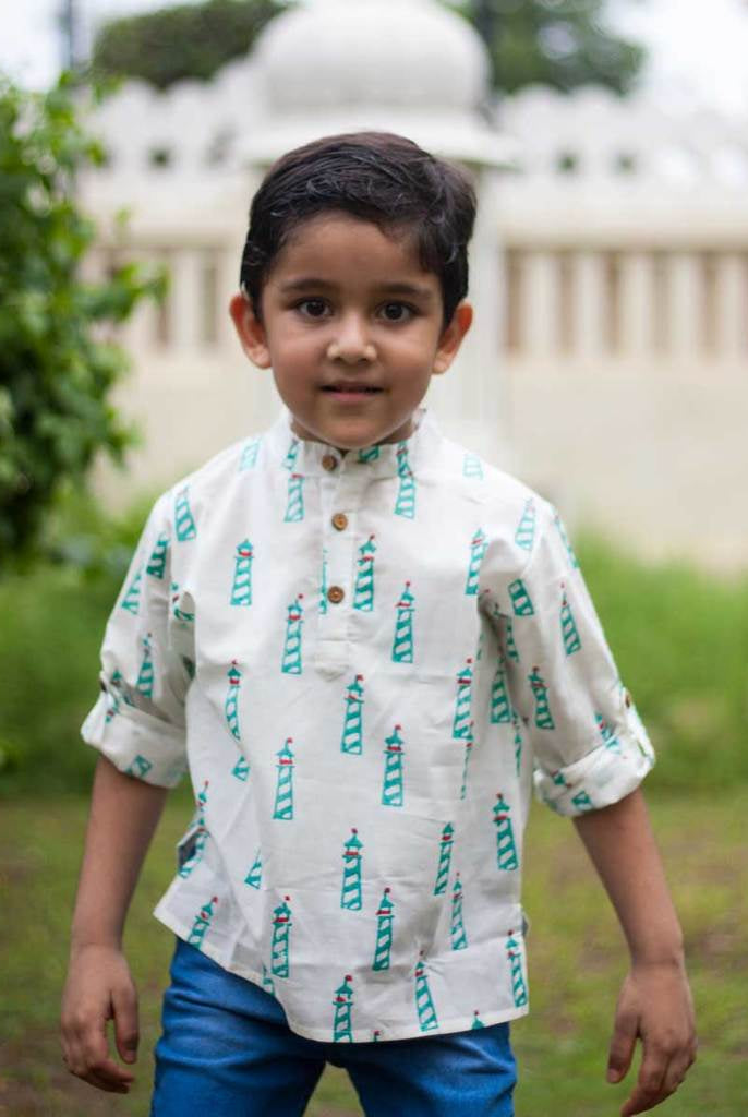 Lighthouse Organic Cotton Shirt Kurta with Roll-up Sleeves - Nimbu Kids