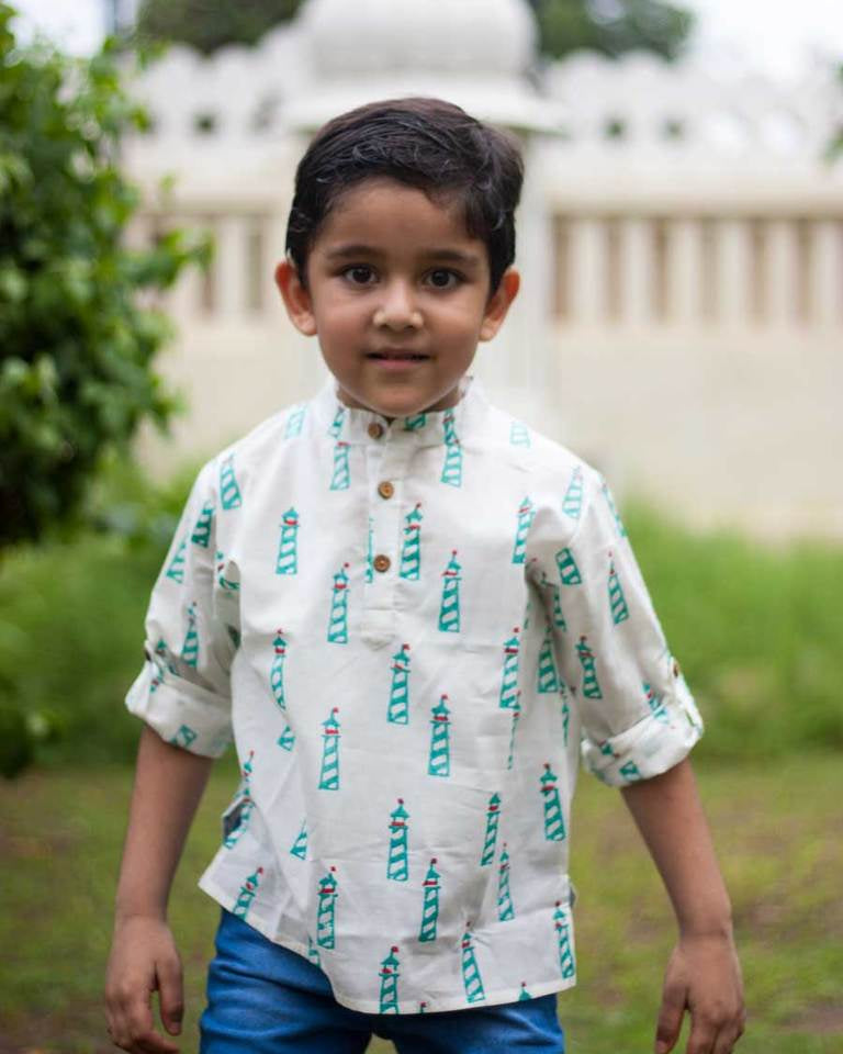 Lighthouse Organic Cotton Shirt Kurta with Roll-up Sleeves - Nimbu Kids