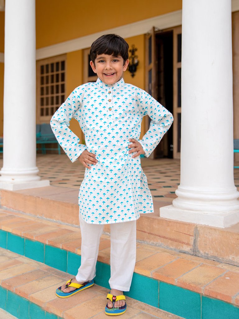 Turquoise Umbrella Organic Cotton Long Kurta - Nimbu Kids