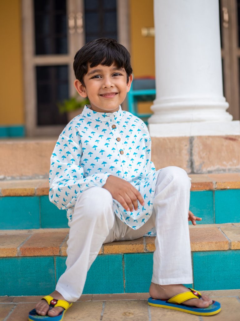 Turquoise Umbrella Organic Cotton Long Kurta - Nimbu Kids