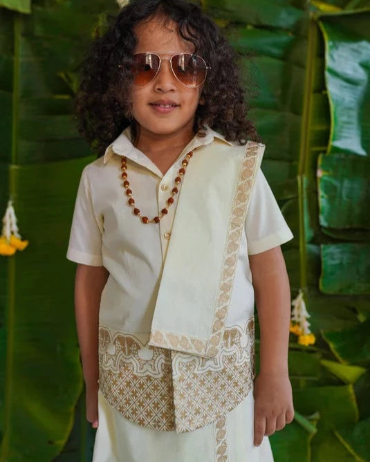 Rajnikant 3pc Cotton Mundu Set in Cream - Nimbu Kids